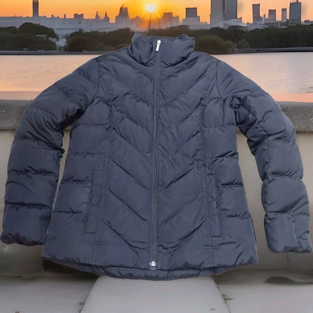 Lands' End Puffer Jacket Womens XS Navy Blue Excellent Chevron Down Fill Coat